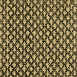 Detail of wallpaper in a repeating botanical grid print in yellow on a black field.