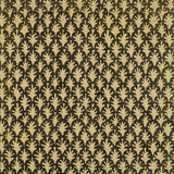 Detail of wallpaper in a repeating botanical grid print in yellow on a black field.