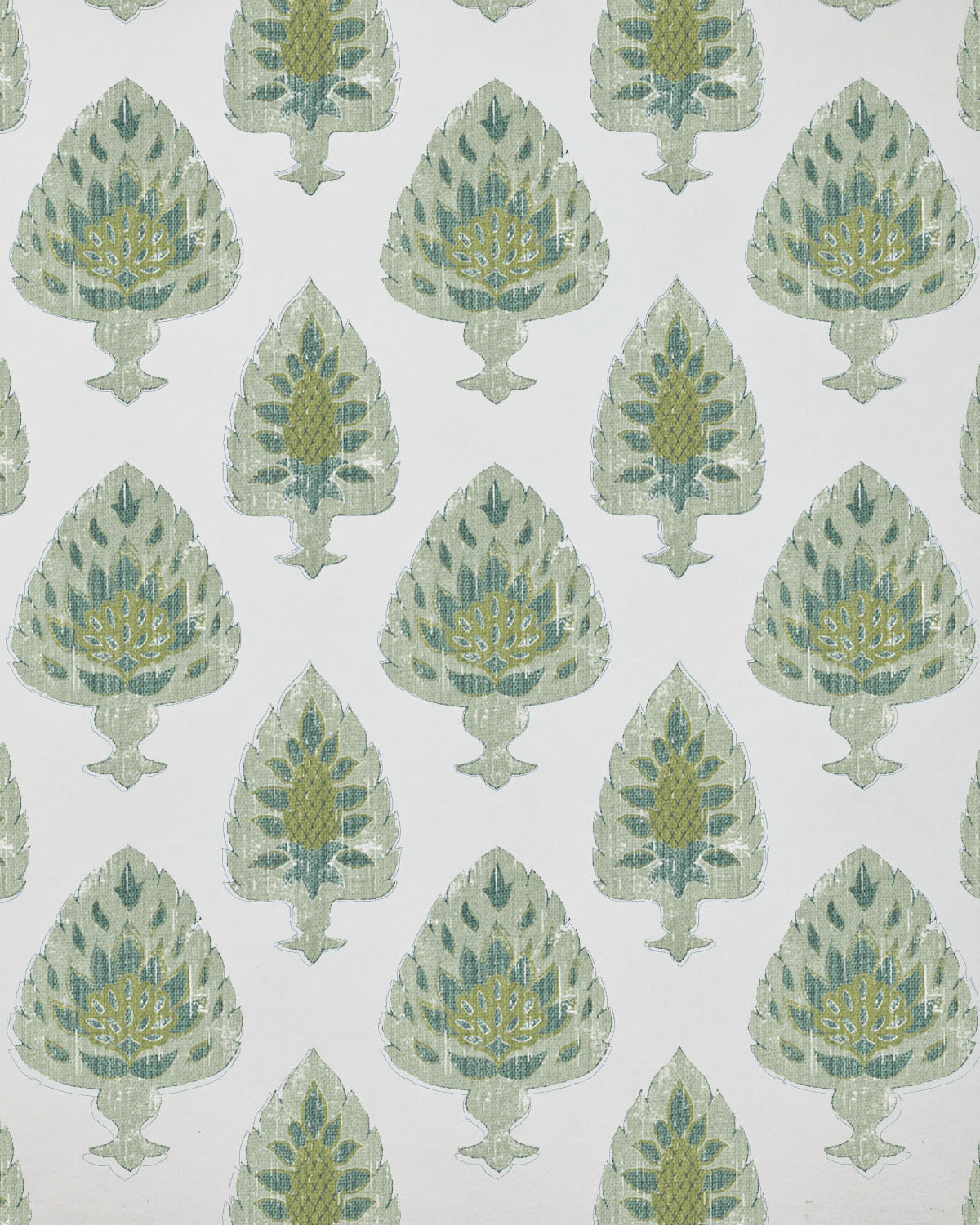 Detail of wallpaper in a botanical damask print in shades of green and blue on a cream field.