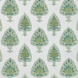 Detail of wallpaper in a botanical damask print in shades of green and blue on a cream field.