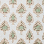 Detail of wallpaper in a botanical damask print in shades of pink, brown and sage on a cream field.