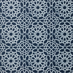 Detail of fabric in a small-scale lattice print in white on an indigo field.
