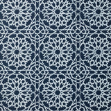 Detail of fabric in a small-scale lattice print in white on an indigo field.