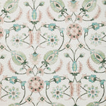 Detail of wallpaper in a floral paisley print in shades of pink and green on a cream field.
