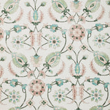 Detail of wallpaper in a floral paisley print in shades of pink and green on a cream field.