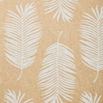 Detail of fabric in a large-scale leaf print in white on a tan field.