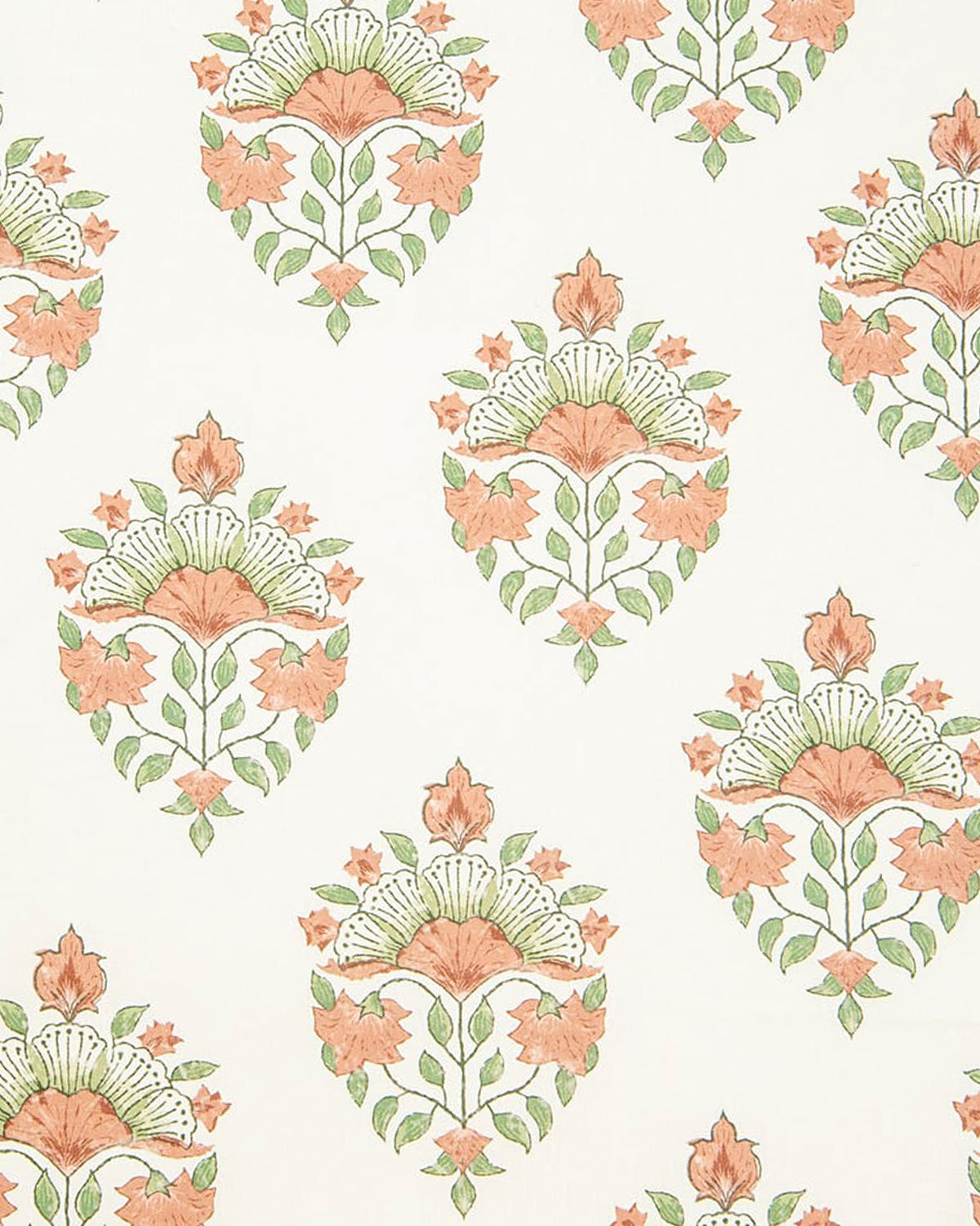 Detail of wallpaper in a floral paisley print in shades of green and coral on a white field.
