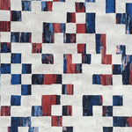 Detail of wallpaper in an abstract check print in mottled blue and red on a white field.