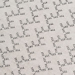 Detail of embroidered fabric in a linear geometric print in white and black on a cream field.