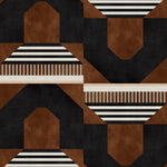 Graphic geometric design in burn siena, black, taupe and cream.