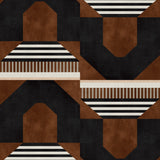 Graphic geometric design in burn siena, black, taupe and cream.