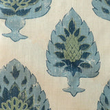 Detail of fabric in a botanical damask print in shades of green and blue on a cream field.