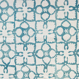 Detail of fabric in a botanical lattice print in teal on a cream field.