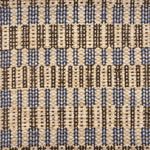 Handwoven rug sample in a stacked blue and brown rectangular stripe design on a cream field. 