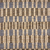 Handwoven rug sample in a stacked blue and brown rectangular stripe design on a cream field. 