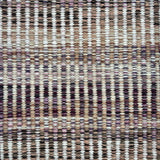 Handwoven rug sample in a textural stripe design in mottled shades of ivory, grey, plum purple and tan. 