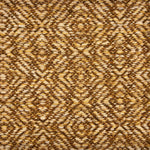 Handwoven rug sample in a radiating diamond pattern in shades of tan and brown. 
