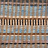 Handwoven rug sample in a mixed width stripe pattern  in light blue, brown, mauve, cream, charcoal and teal. 