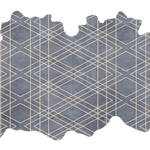 Detail of a large cowhide rug in blue-gray with a tan geometric overlay.