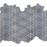 Detail of a large cowhide rug in blue-gray with a tan geometric overlay.