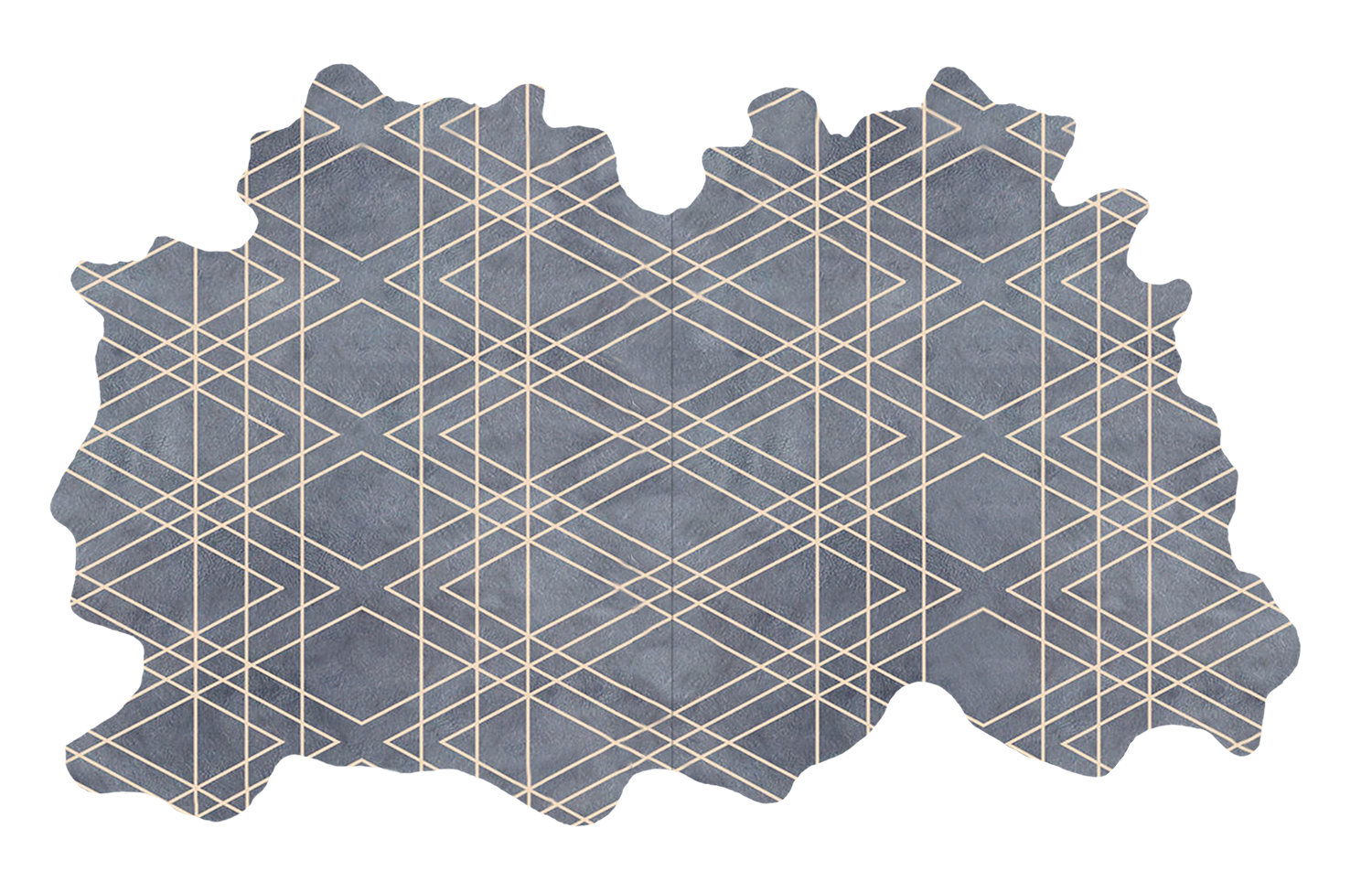 Detail of a large cowhide rug in blue-gray with a tan geometric overlay.