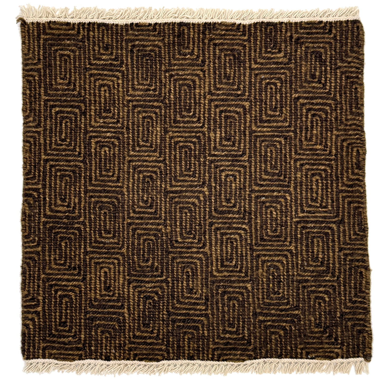 A flat weave rug sample with cream-colored fringe at top and bottom and  geometric maze-like pattern in tan and dark brown. 