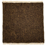 A flat weave rug sample with cream-colored fringe at top and bottom and  geometric maze-like pattern in tan and dark brown. 