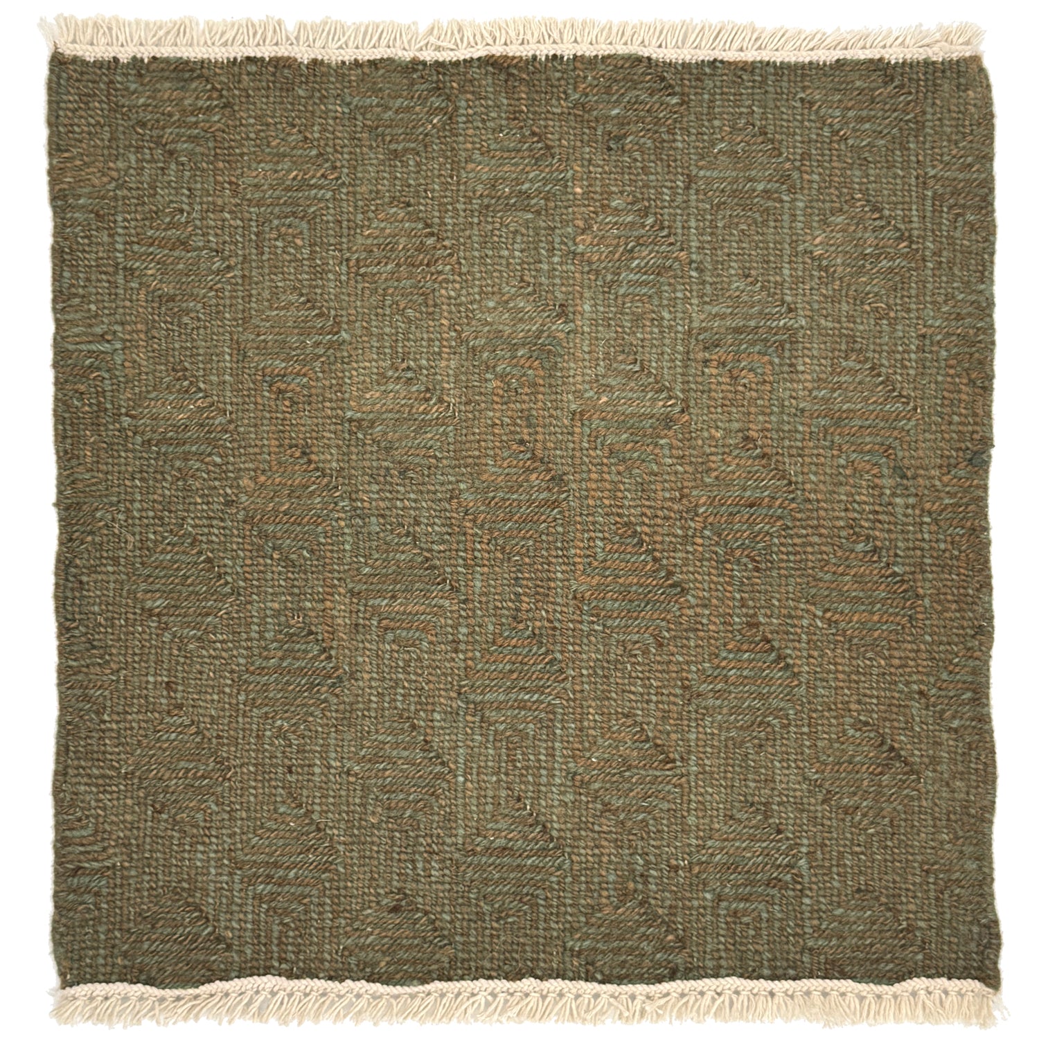 A flat weave rug sample with cream-colored fringe at top and bottom and  geometric maze-like pattern in sage green and brown. 