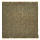 A flat weave rug sample with cream-colored fringe at top and bottom and  geometric maze-like pattern in sage green and brown. 