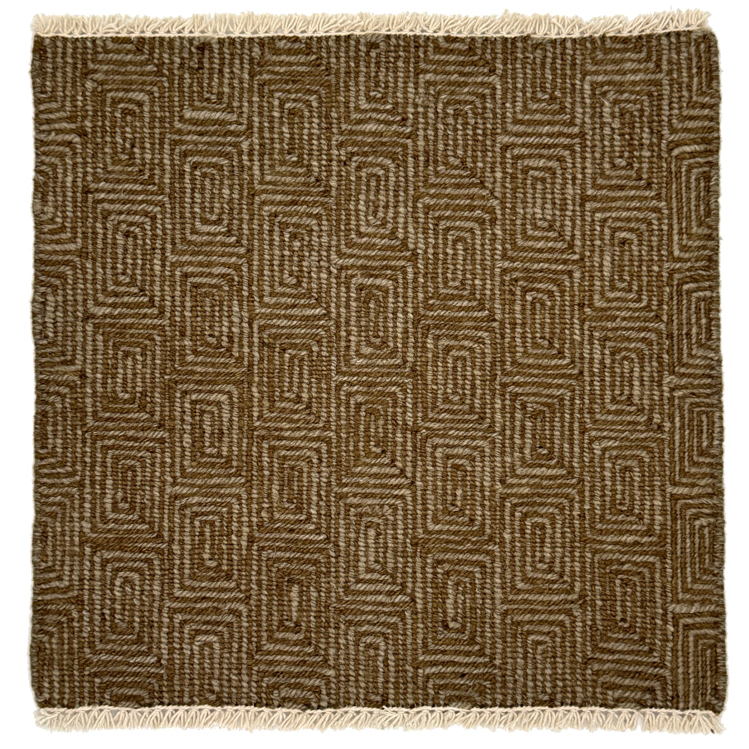 A flat weave rug sample with cream-colored fringe at top and bottom and  geometric maze-like pattern in grey and brown. 