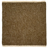A flat weave rug sample with cream-colored fringe at top and bottom and  geometric maze-like pattern in grey and brown. 
