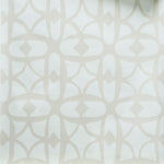 Close up of wallpaper with large scale playful geometric lattice pattern in beige on a white background. 