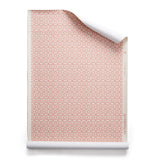 Roll of wallpaper with small scale playful geometric lattice pattern in pink and white on a white background.