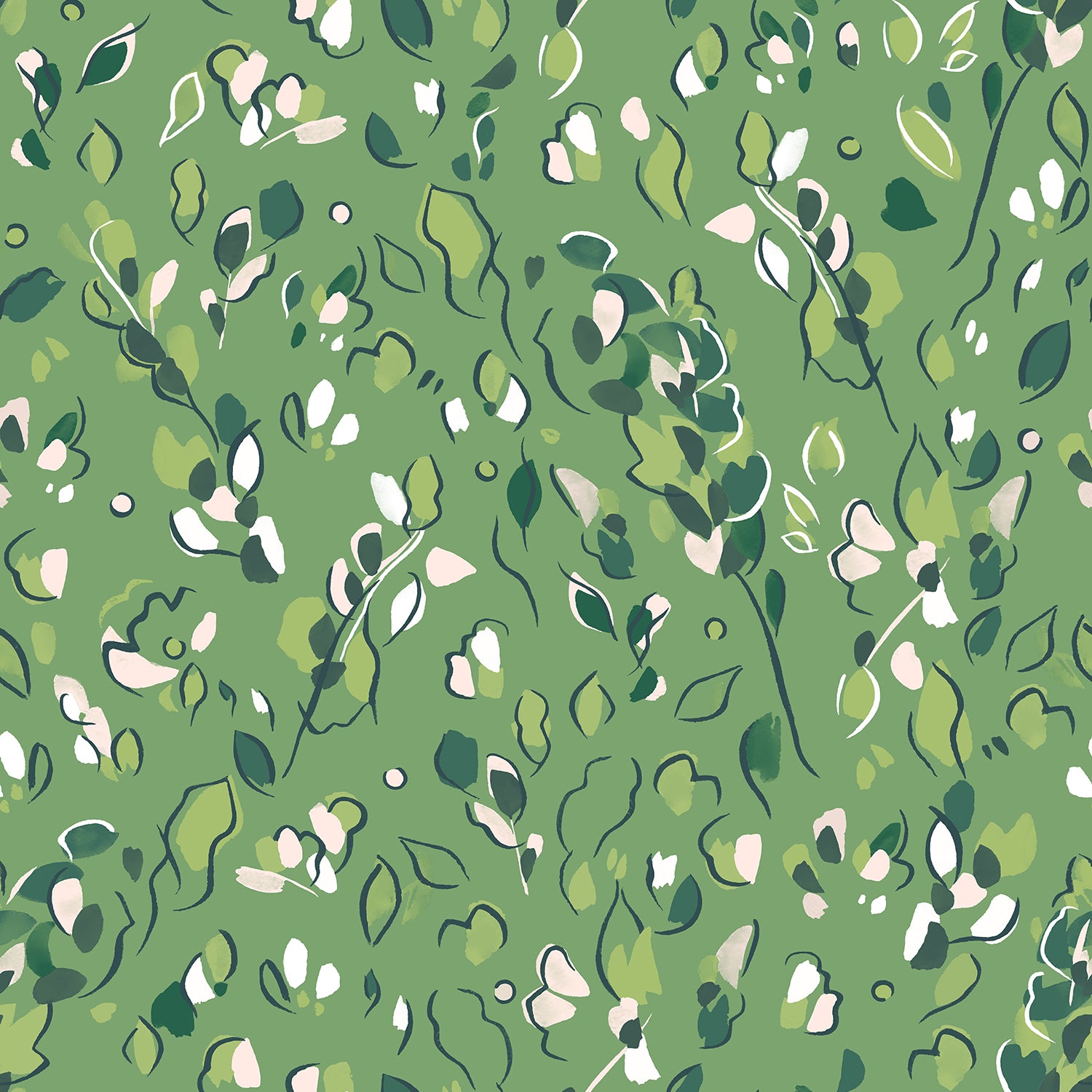 Detail of wallpaper in a painterly leaf print in shades of green and white on a kelly green field.