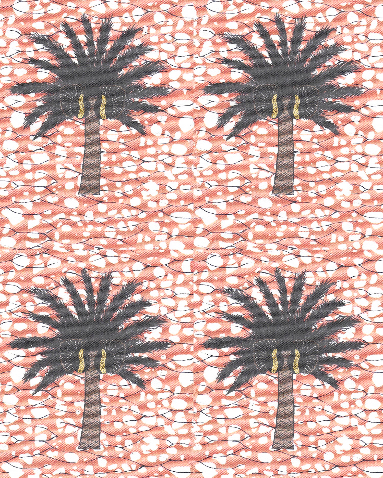 Detail of fabric in a repeating palm tree print on a mottled field in shades of brown, gray, pink and white.