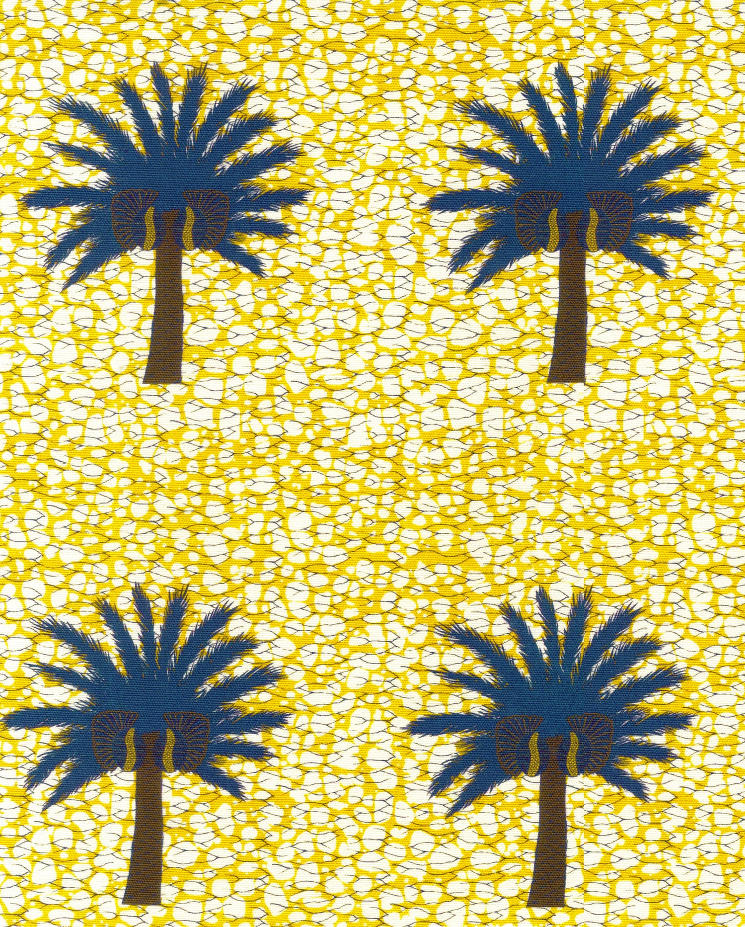 Detail of fabric in a repeating palm tree print on a mottled field in shades of brown, navy, yellow and white.