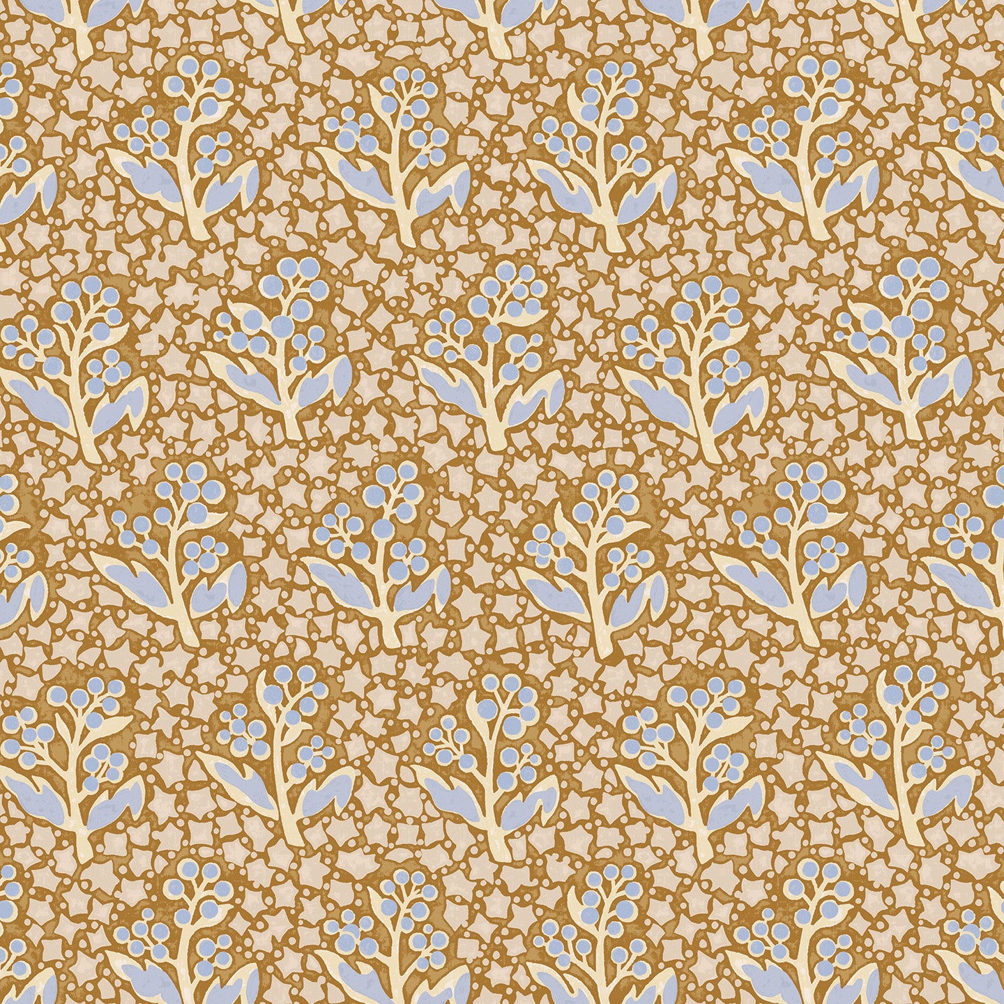 Wallpaper with small floral and branch  in blue and cream on a beige background