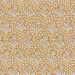 Wallpaper with small floral and branch  in blue and cream on a beige background