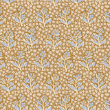 Wallpaper with small floral and branch  in blue and cream on a beige background