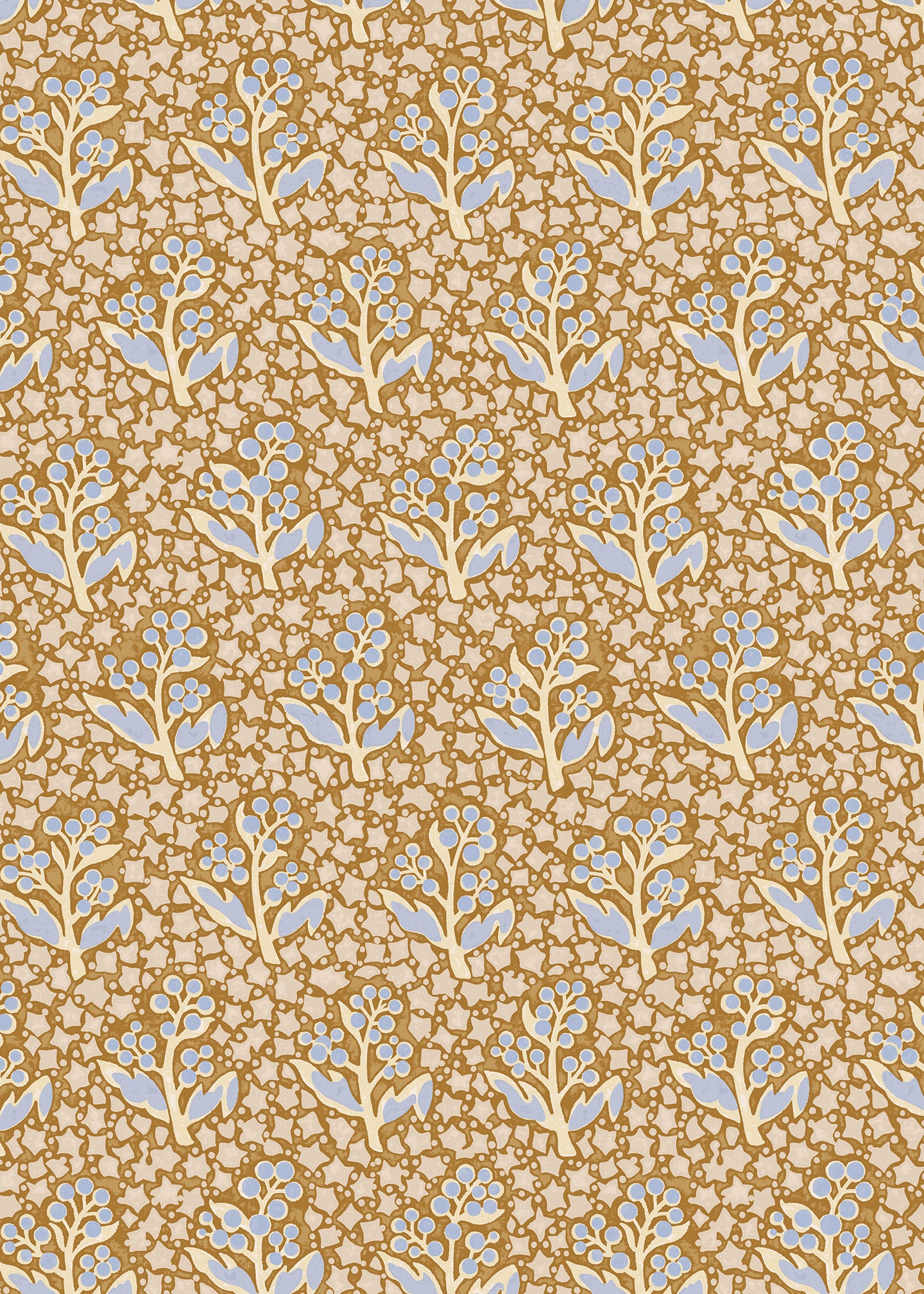 Wallpaper with small floral and branch  in blue and cream on a beige background