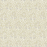 Patterned wallpaper with white flowers and leaves on a beige background