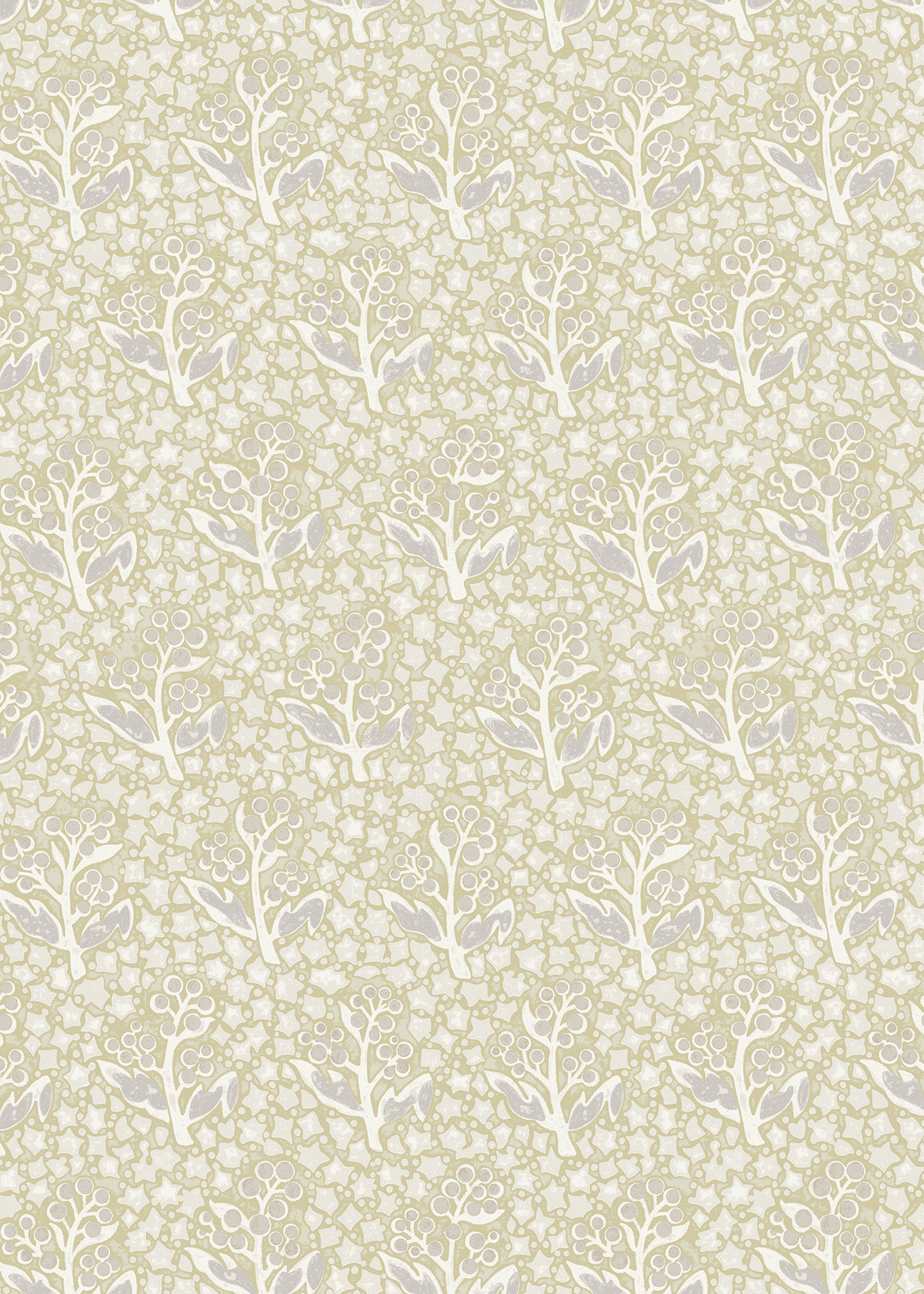 Patterned wallpaper with white flowers and leaves on a beige background