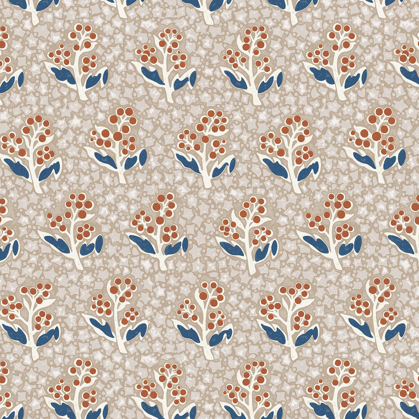 Wallpaper with blue and orange floral design on a beige background