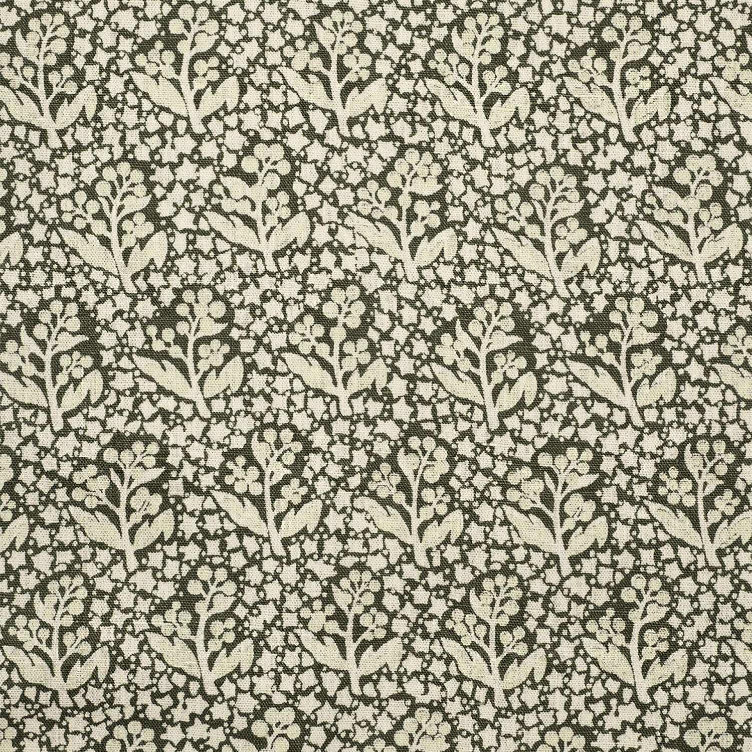 Patterned fabric with flowers leaves in cream on a olive green background