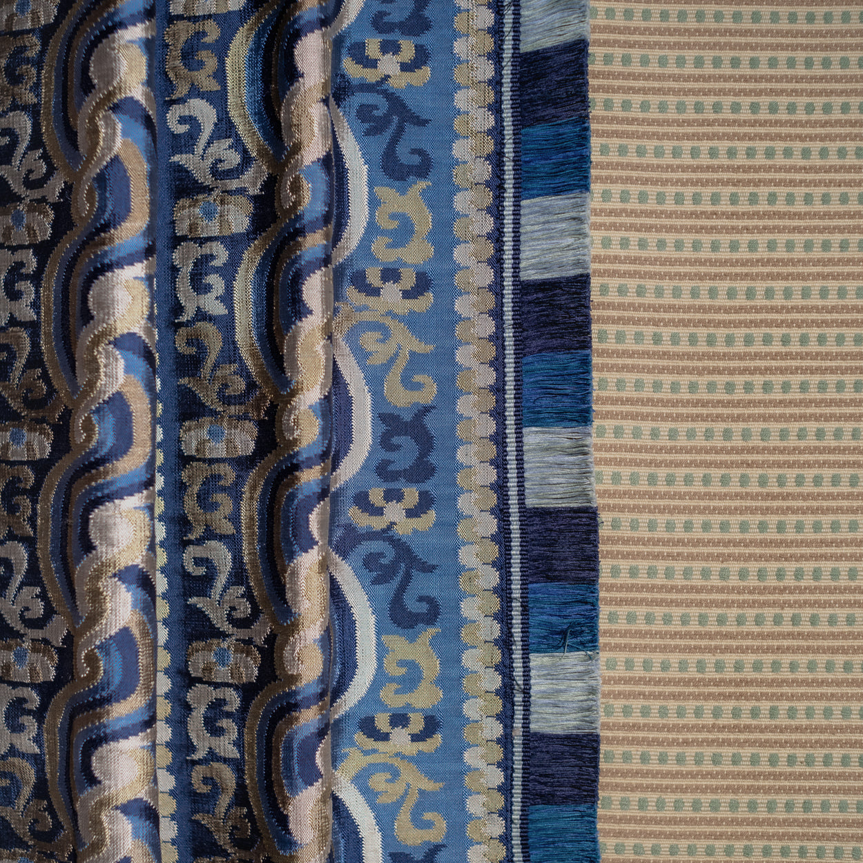 Close-up of a patterned fabric with blue and beige design