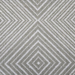 Broadloom carpet sample in a linear diamond design in white and green-grey.