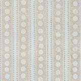 Detail of wallpaper in a textural curvilinear stripe print in tan and light blue on a cream field.