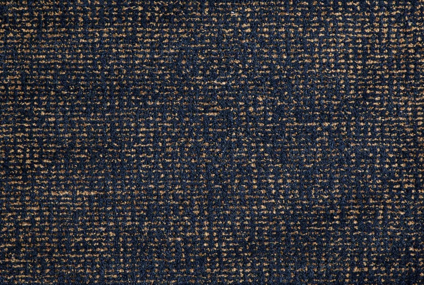 Broadloom carpet swatch, in a textured navy and brown design.