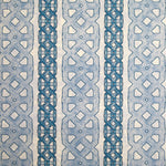Detail of fabric in a geometric stripe print in blue and navy on a mottled tan field.