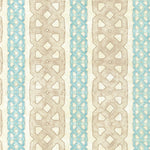 Detail of fabric in a geometric stripe print in blue and tan on a mottled cream field.